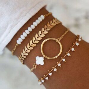 Boho Leaves Circle Bead Gold Tone 4 bracelet set